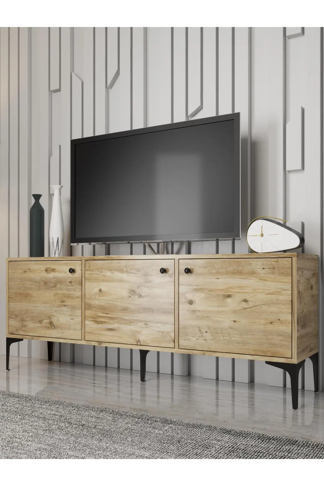 Bello 160 Cm Metal Ayaklı Tv Ünitesi - Konsol - Atlantik Çam / Siyah
